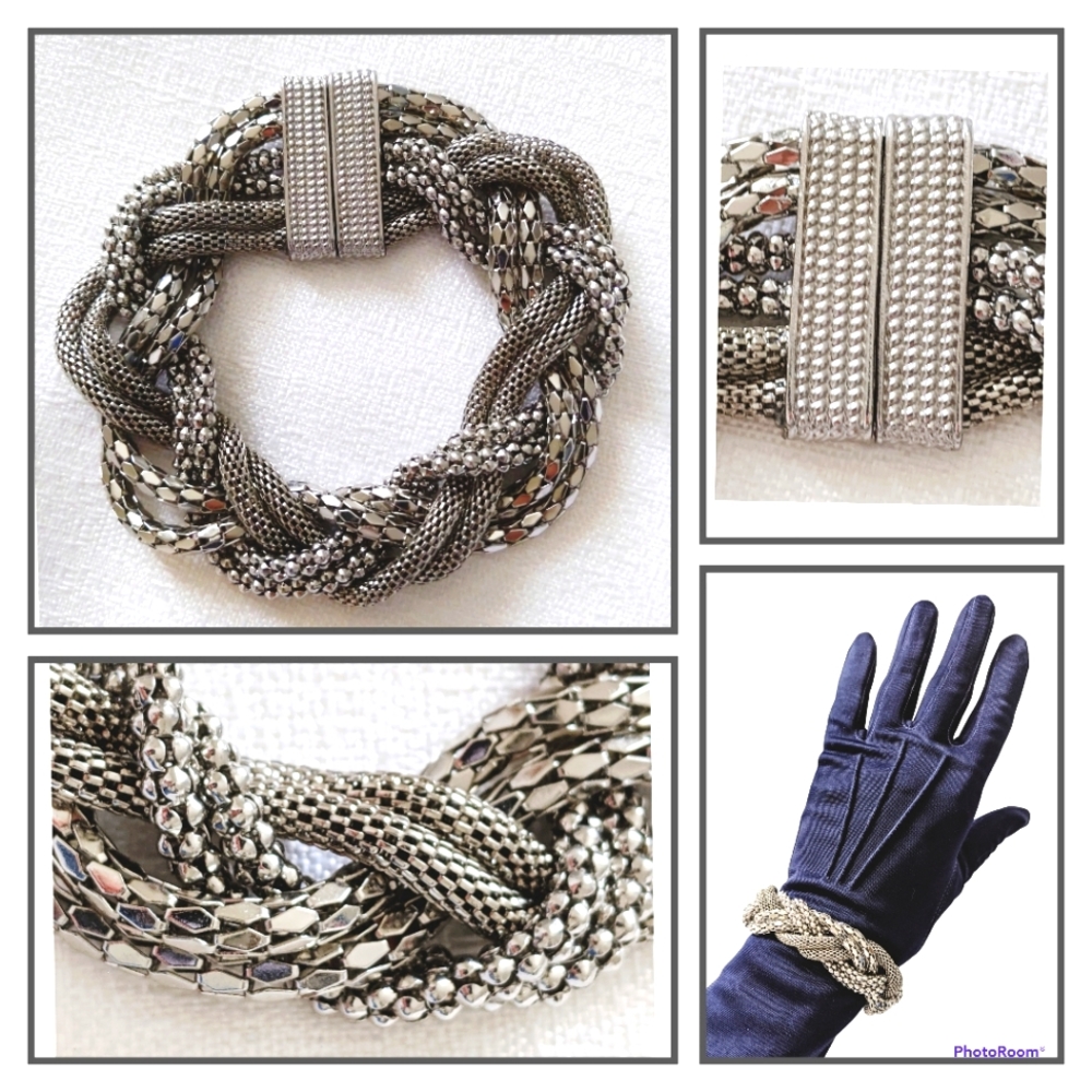 Silver Tone Rope Braided 6 Chain Bracelet Metal  Magnetic 8in EUC